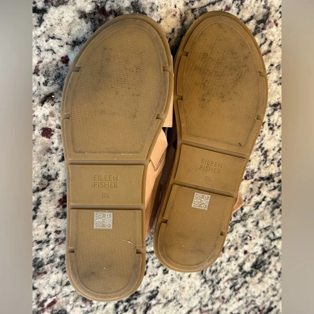 Eileen Fisher Tan CrissCross Strap Velcro Sling back Wedge Sandals - size 8 1/2